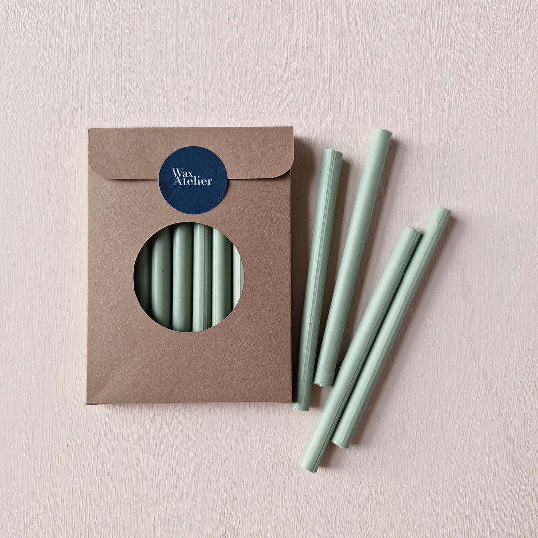 7mm Sage Sealing Wax Sticks in a pack of 10. Handmade in Britain, perfect for sealing envelopes, invitations, and certificates.